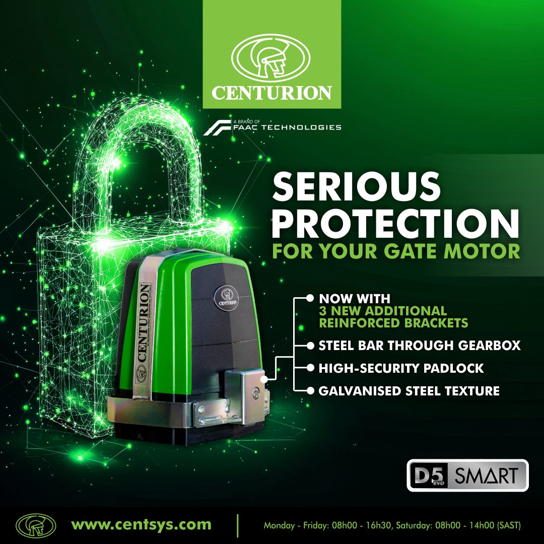 CentSys_WA's tweet photo. 𝗖𝗘𝗡𝗧𝗨𝗥𝗜𝗢𝗡 𝗧𝗵𝗲𝗳𝘁-𝗗𝗲𝘁𝗲𝗿𝗿𝗲𝗻𝘁 𝗖𝗮𝗴𝗲 - 𝗦𝗲𝗿𝗶𝗼𝘂𝘀 𝗽𝗿𝗼𝘁𝗲𝗰𝘁𝗶𝗼𝗻 𝗳𝗼𝗿 𝘆𝗼𝘂𝗿 𝗴𝗮𝘁𝗲 𝗺𝗼𝘁𝗼𝗿 𝘀𝘁𝗮𝗿𝘁𝘀 𝗵𝗲𝗿𝗲.

Your gate motor is a prime target. But with the CENTURION Theft-Deterrent Cage for our D-Series SMΔRT sliding gate motor range, stealing it becomes a mission - and a noisy one at that.

• Patented design runs a steel bar through the gearbox
• Secures the motor to the base with 3 reinforced brackets
• Built from galvanised steel to resist corrosion
• Fitted with a high-security padlock

It’s armour for your D5-Evo SMΔRT - and peace of mind for you.
To find out more, contact Centurion Systems West Africa today.

#ProtectWhatMatters #CenturionSMΔRTSecurity #D5EvoSMΔRT #CenturionSystems #CENTURION #CenturionSystemsWestAfrica #Nigeria