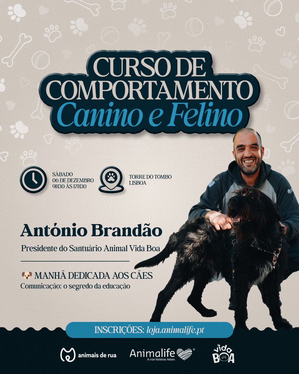 Com uma enorme paixão e dedicação pela causa animal, o António vai conduzir a sessão da manhã, totalmente dedicada ao mundo dos cães 🐶

O tema será: “Comunicação: o segredo da educação”.

📅 6 de dezembro | Torre do Tombo, Lisboa
🔗 Inscreve-te em: loja.animalife.pt/products/bilhe…