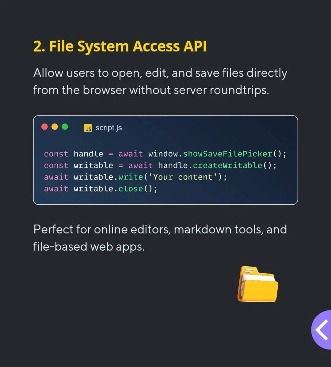 11xcoder's tweet image. Tired of waiting for native apps to catch up? 💻 These underrated JavaScript Web APIs are bridging the gap between the browser and the real world. Get ready to tap into next-level capabilities and build web apps that feel like magic. 🚀 
#JavaScript #WebDev #APIs #Frontend