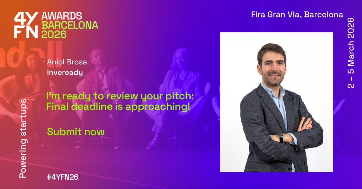 Aniol Brosa, General Partner, formará parte del jurado de los #4YFN26 Awards, que reconocen a las startups digitales más prometedoras del mundo.

¡Listo para revisar tu pitch! Tienes hasta el 22 de octubre para aplicar.

👉 4yfn.com/4yfn-awards
#innovación #talento #inversores