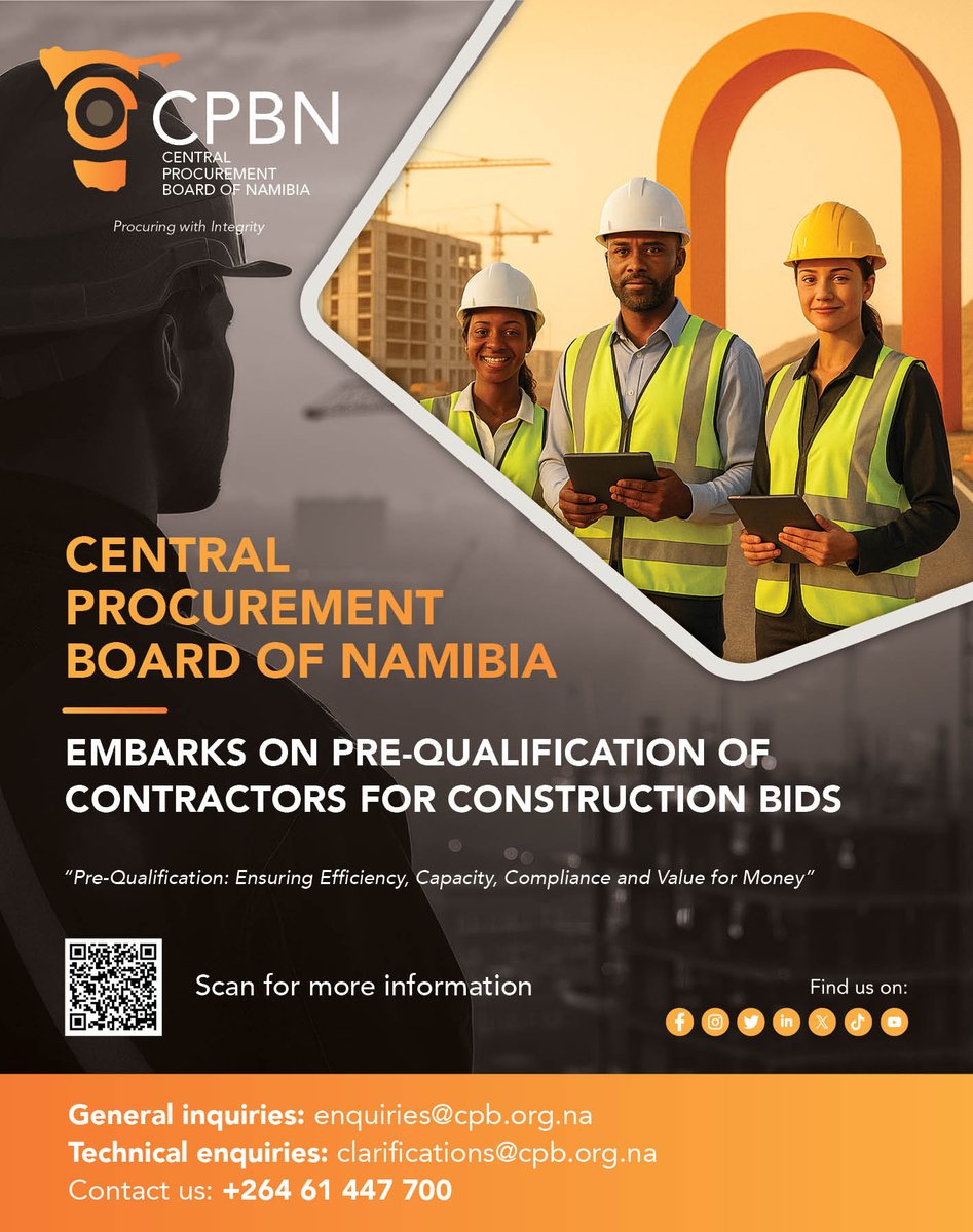 CPBNamibia's tweet image. 🚧 𝐃𝐨𝐧’𝐭 𝐦𝐢𝐬𝐬 𝐨𝐮𝐭, 𝐂𝐨𝐧𝐭𝐫𝐚𝐜𝐭𝐨𝐫𝐬!

CPBN invites all eligible contractors to apply now and get listed in the CPBN Pre-Qualification Database - your gateway to future projects!

#CPBNdatabase #ContractorAlert #PreQualification
