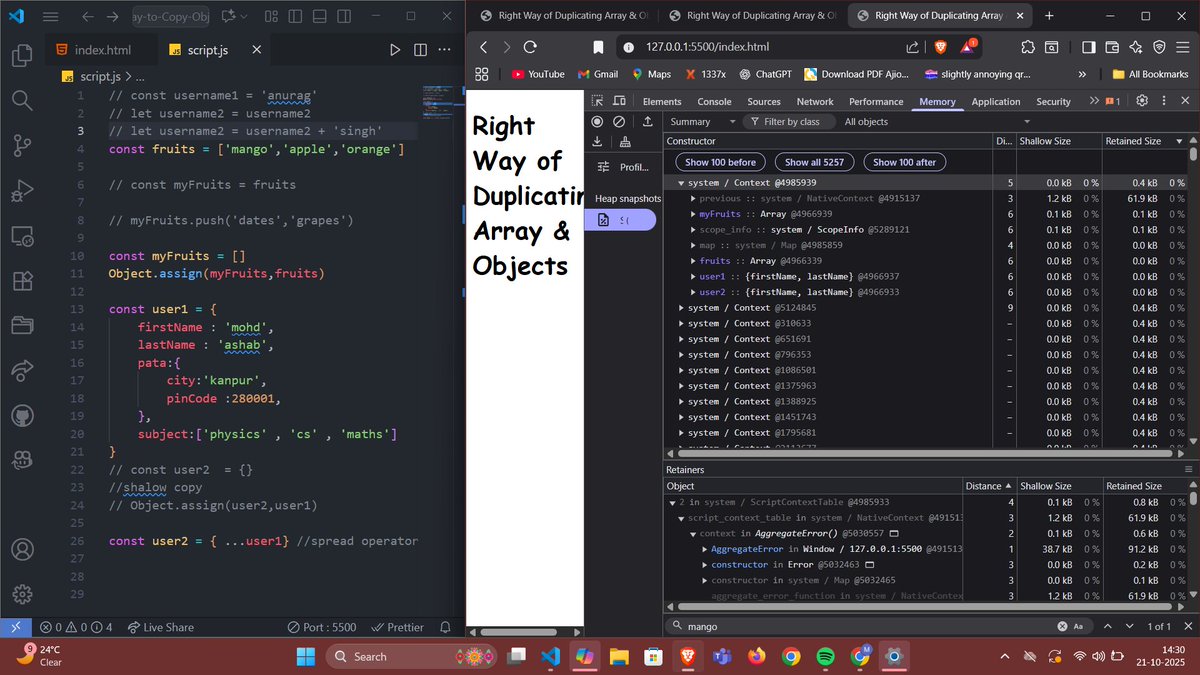 Ashab__683's tweet image. Just explored multidimensional arrays & object/array duplication in #JavaScript 🧠
✔️ Tic-Tac-Toe board in a 2D array
✔️ Spread operator & Object.assign() for shallow copies
Next: Deep cloning 🛠️
#100DaysOfCode #WebDev #Coding #day62