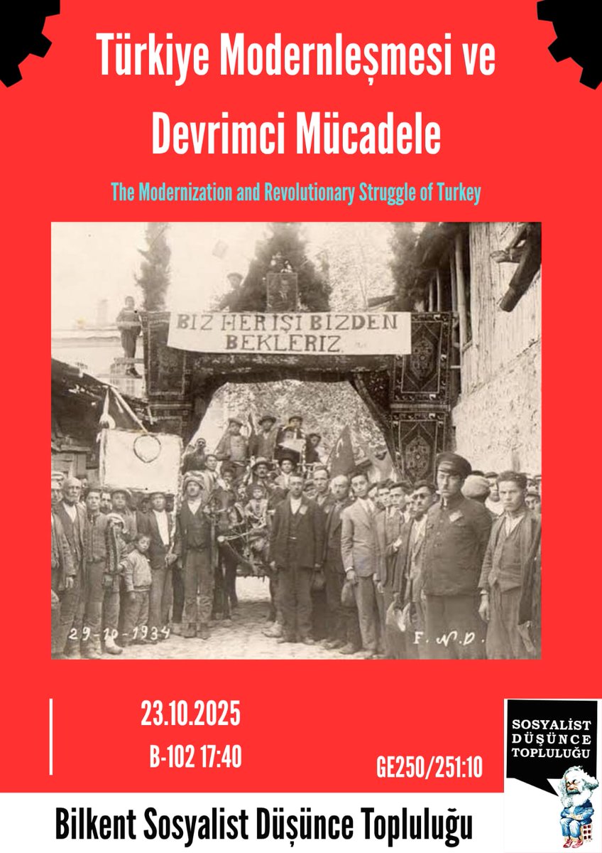 "Türkiye Modernleşmesi ve Devrimci Mücadele" başlıklı etkinliğimizde Türkiye modernleșme sürecinin nasıl okunması gerektiğini, Cumhuriyet'in bu süreçteki yerini ve devrimci mücadelenin modernleșme ile ilişkisini tartışacağız. Tüm dostlarımız etkinliğe davetlidir!