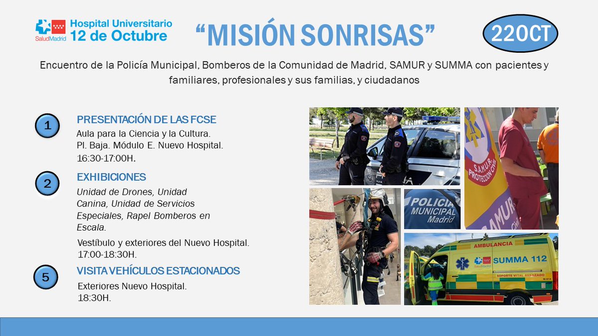 📣 <a href="/policiademadrid/">Policía Municipal de Madrid</a>, Bomberos de <a href="/ComunidadMadrid/">Comunidad de Madrid</a>, SUMMA y <a href="/SAMUR_PC/">SAMUR-Protección Civil</a>  presentan 'Misión Sonrisas' en el #H12O. 

👮‍♀️ Exhibiciones de Unidad Canina y Drones, rapel y demostración de Servicios Especiales.

👉 ¡No te lo pierdas!. 

+ info: c.madrid/wl3om1 #somosdel12