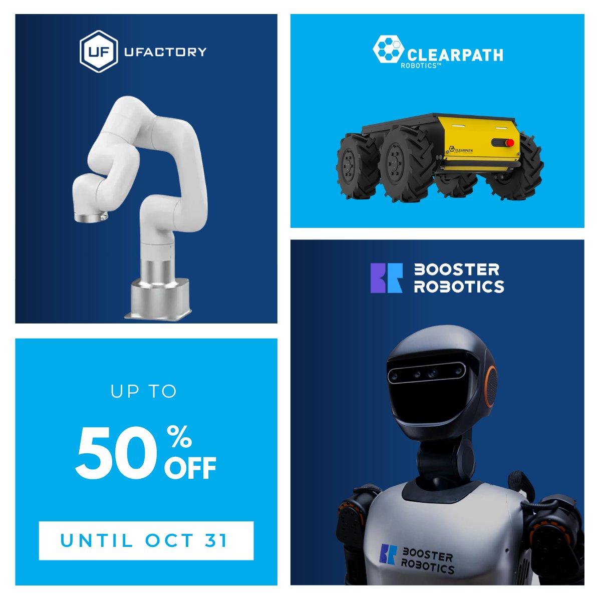 GenerationRobot's tweet image. ⏰ Only 10 days left!

Exclusive #robotics offers for universities &amp;amp; labs 🚀

⮕ UFactory arms – up to 50% off grippers
⮕ Husky A300 – 5% off
⮕ Booster T1 – up to 10% off

Ends Oct 31!

#research #innovation #engineering