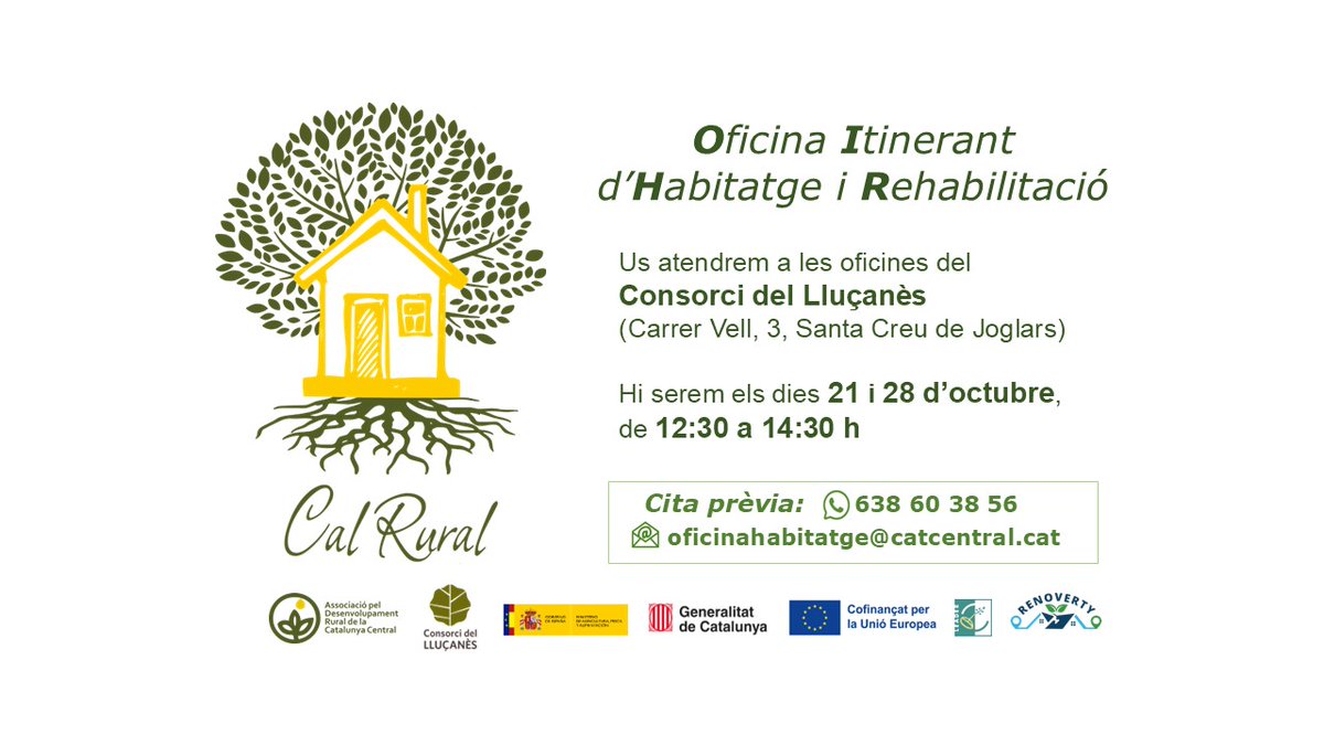 🏠 Avui s’obre l’Oficina Itinerant d'Habitatge i Rehabilitació del Lluçanès!
Un nou espai per impulsar la rehabilitació i l’eficiència energètica en habitatges rurals possible gràcies a @adr_catcentral i el <a href="/LIFEprogramme/">LIFE Programme</a> #RENOVERTY, i que se suma a la de Sant Martí d’Albars 🔽🌿