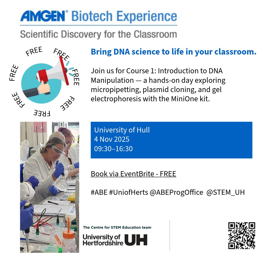 STEM_UH's tweet image. ABE Course 1: Intro to DNA manipulation. Free CPD for teachers and technicians at University of Hull, 4th Nov 2025, using MiniOne kit. Book now:  bit.ly/ABEHullNovCPD #ABEProgOffice #UniOfHull #UniOfHerts #CPD #EastRiding #NELincs @chatbiology