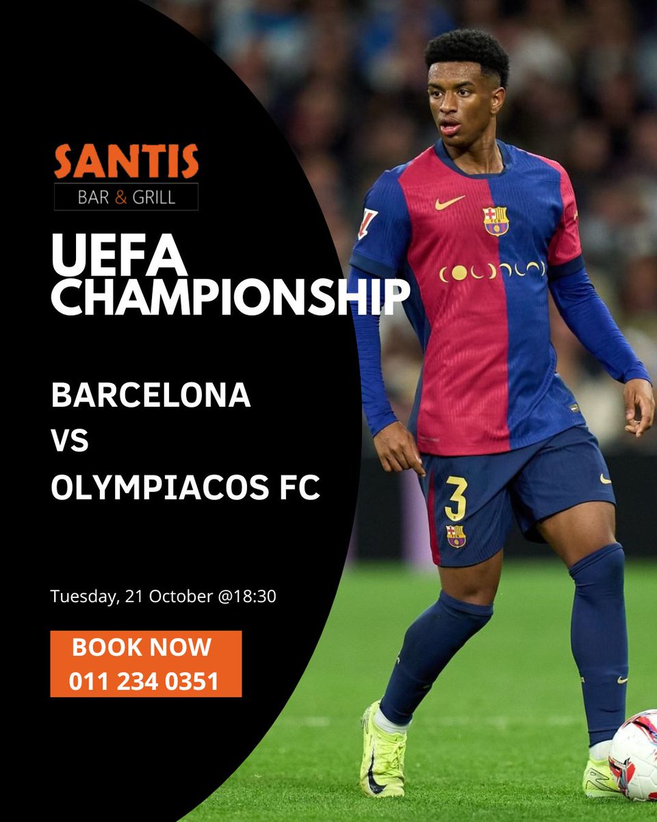 SantisBarGrill's tweet image. ⚽🔥 Barcelona vs Olympiacos FC! 🔥⚽
Tuesday @ 18:30 — Champions League action kicks off early! Watch Barcelona 🔵🔴 take on Olympiacos FC⚪🔴 while enjoying lunch plates🍔🍟and cold drinks 🍺 at Santis.
📍Bookings essential – call📞011 234 0351
#SantisBarAndGrill #webchanges
