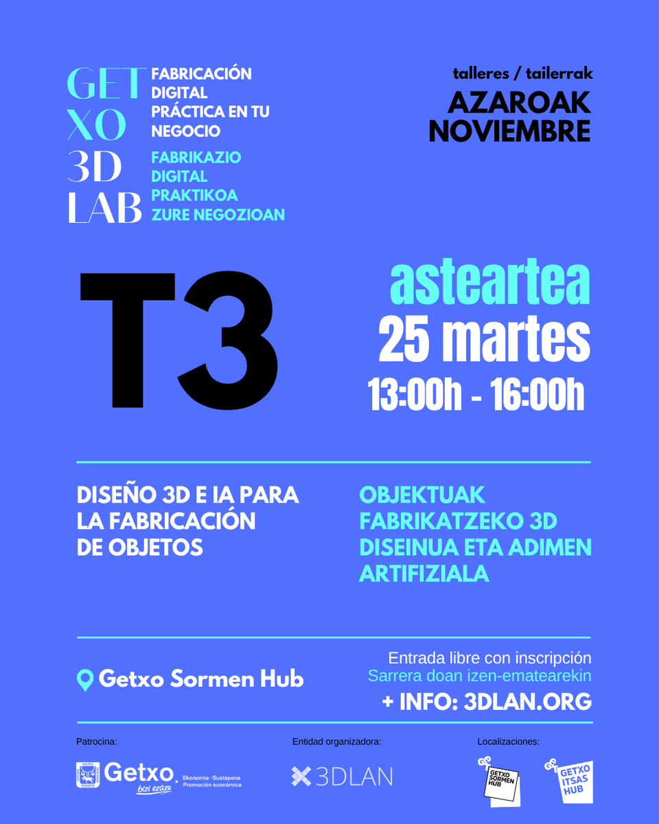 3dlan_org's tweet photo. Los talleres 3 y 4 completan la programación de #Getxo3DLAB el programa de talleres prácticos sobre fabricación digital aplicada a los negocios que traemos en noviembre junto a @getxolan 

Presentación online 30 OCTUBRE en YouTube
+ info e inscripciones https://t.co/TvKdNGmeuB https://t.co/KzDfdXiaB0