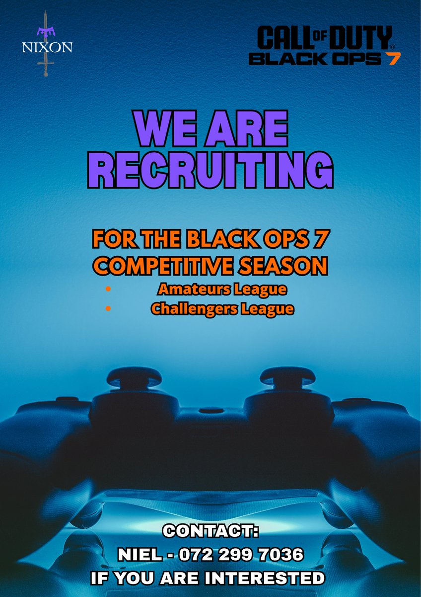 📢WE ARE RECRUITING📢
#BlackOps7 #CODZA Competitive Season
Contact <a href="/R4G3_za/">Niel 'R4G3' du Toit</a> if you are interested

#NoEscape