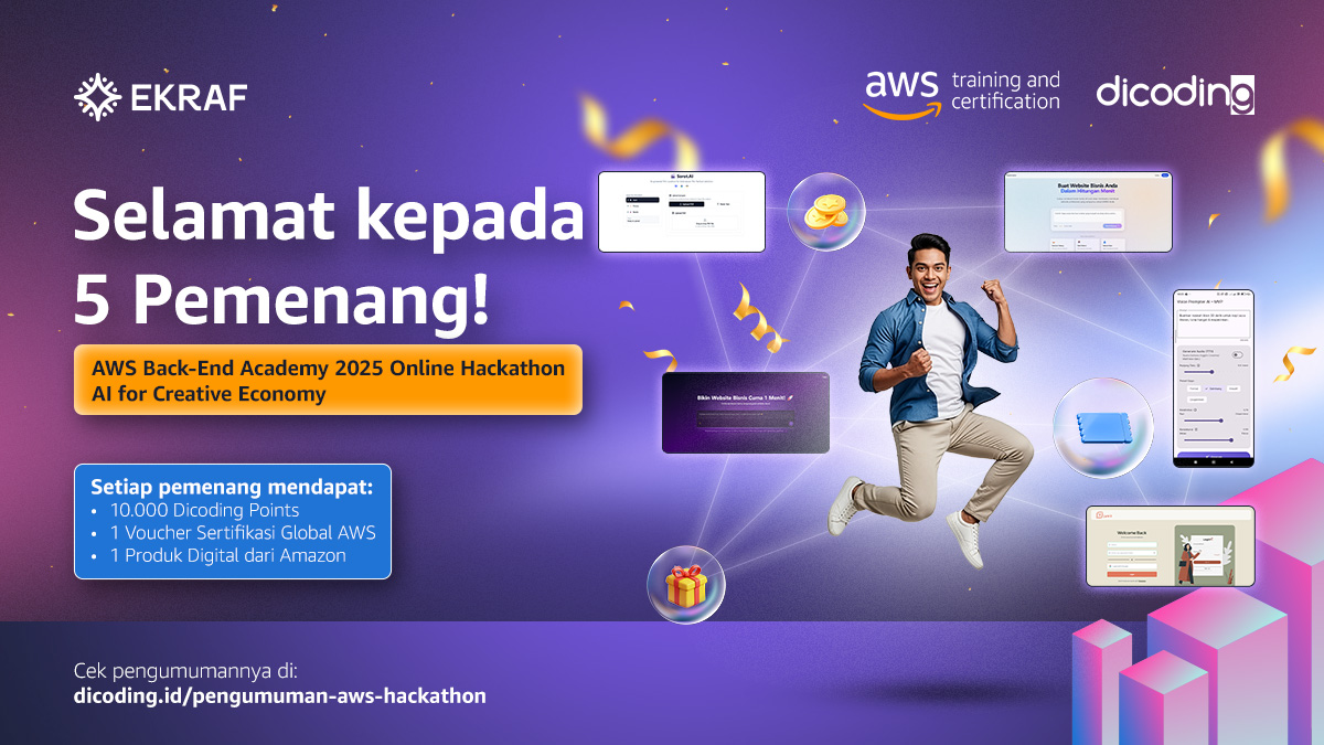 dicoding's tweet image. Selamat untuk 5 produk digital terbaik yang berhasil memenangkan AWS Back-End Academy 2025 Online Hackathon bertajuk “AI (Artificial Intelligence) for Creative Economy”🎉

#DicodingThread