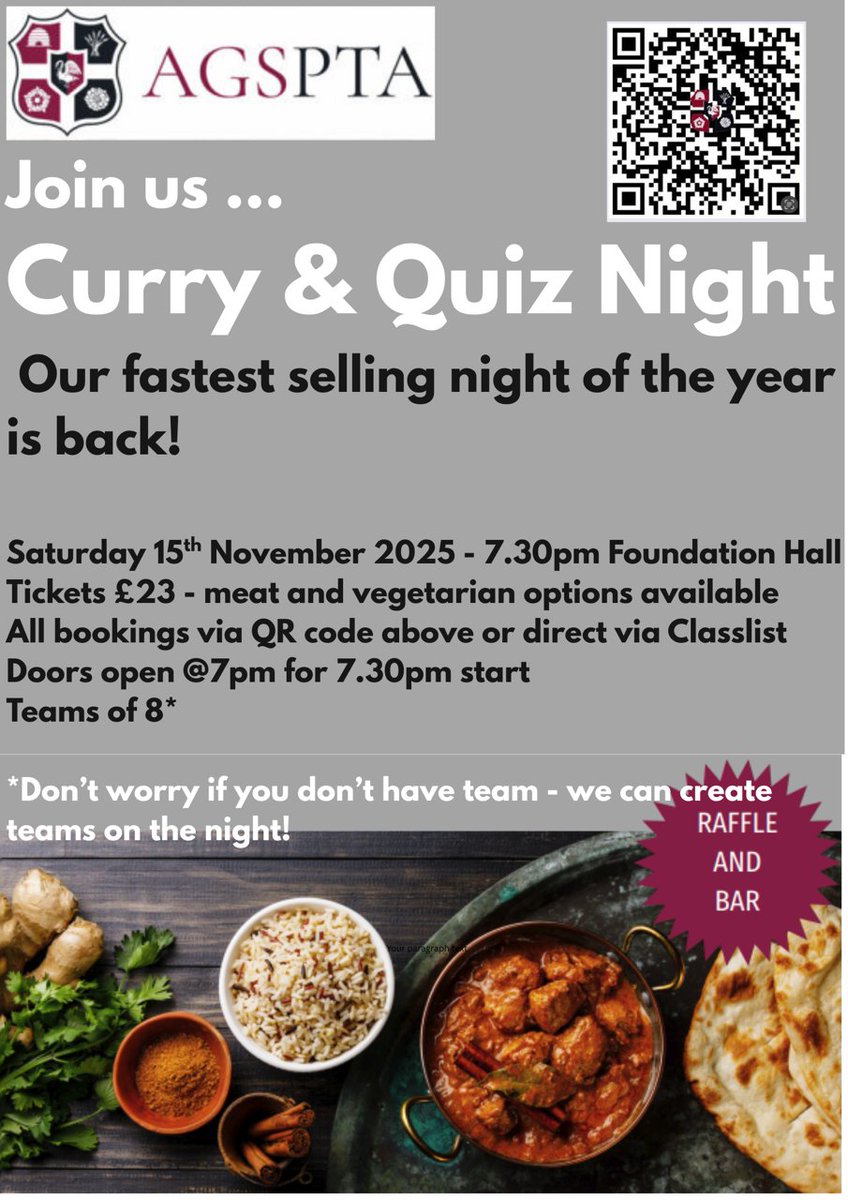 🌶️🧠 Curry &amp; Quiz Night – Sat 15 Nov
Join us for great food &amp; fun!
🕖 Doors 7pm | Quiz 7.30pm
👥 Tables of 8 or we’ll seat you to mingle!

🎟️ Book now: app.classlist.com/events/#/event…

#CurryAndQuiz #AGSCommunity #QuizNight