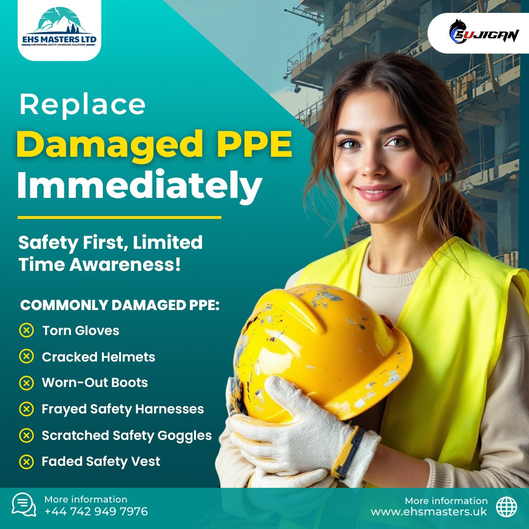 EhsMasters's tweet image. Your PPE is your last line of defence. Don’t let damage break that barrier.
Inspect regularly. Replace immediately. Work safely. 💪
#EHSMasters #PPEInspection #SafetyCulture #WorkSafe #IndustrialSafety
