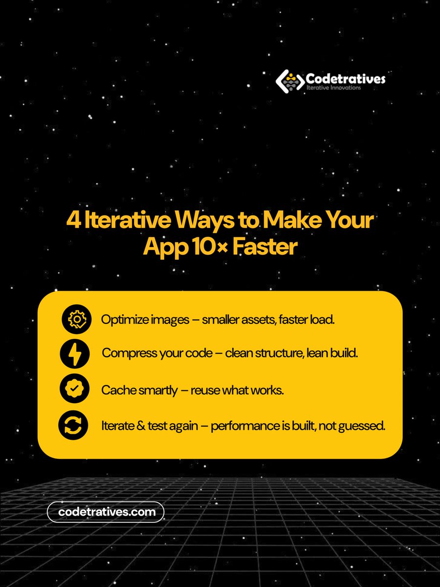 codetratives's tweet image. Want to make your app faster? Here’s how we iterate performance at Codetrative
Optimize your images.
Compress your code.
Cache smartly.
Test, then iterate again.
Because performance isn’t a luxury, it’s user experience.
#Codetrative #SoftwareDevelopment #IterateToInnovate