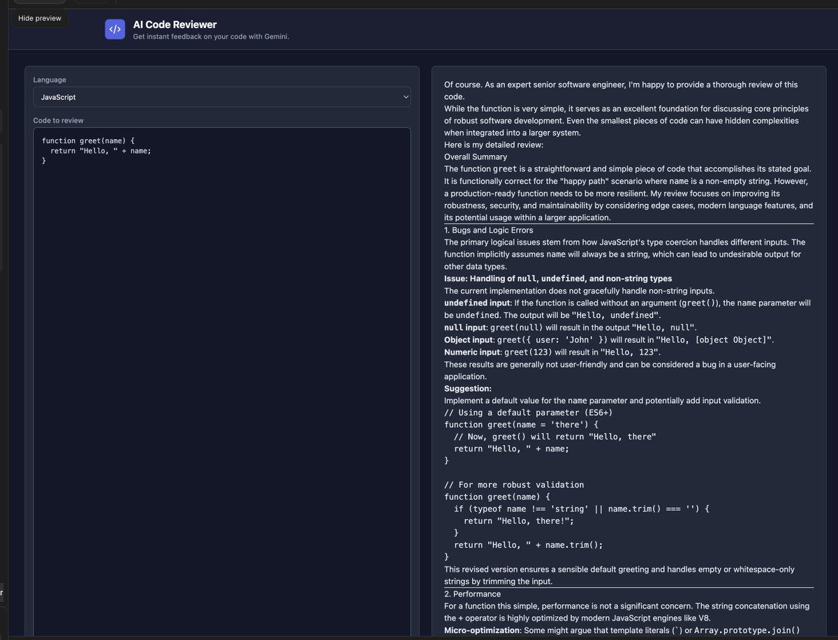 jasonkneen's tweet image. Incredible scenes from Googles AI Studio -- created this stunning code review system that took ONLY 30s to analyse hello world and gave incredible insights!
I mean is this it? This is the killer vibe coding experience? Wow.