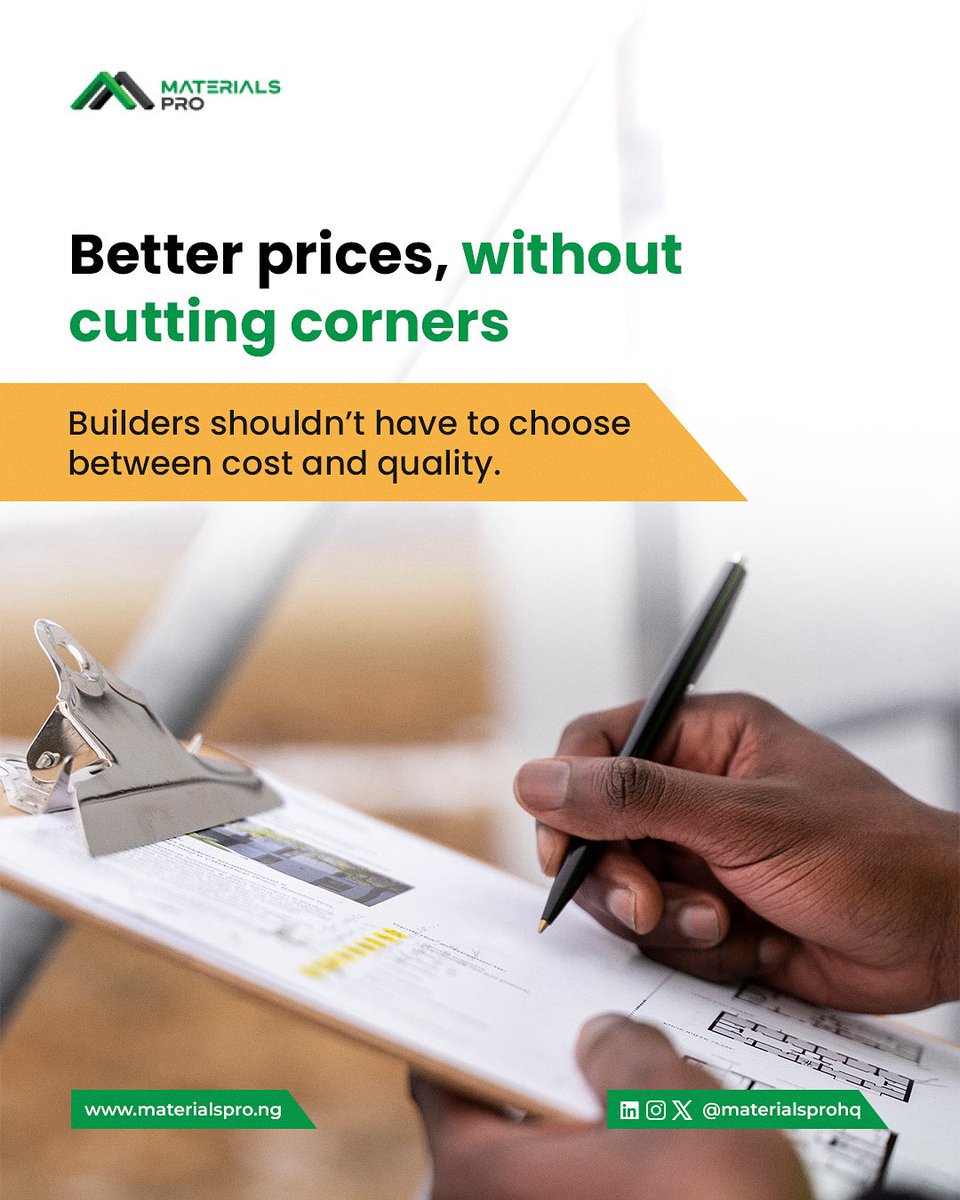 Builders know that cost matters, but quality matters more.
With MaterialsPro, you don’t have to choose.

Our partnerships and aggregation give you unbeatable prices, while our vetting guarantees quality.

Call 0916 540 7978 to know more about how sourcing smarter saves you more.