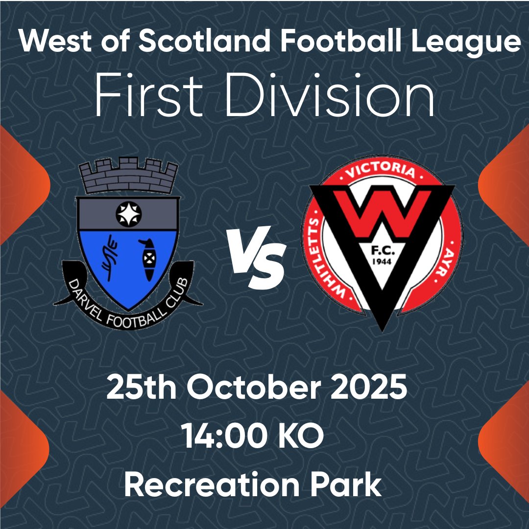 This weekend is a trip to see our friends <a href="/darvelfc/">Darvel FC</a> for the <a href="/OfficialWoSFL/">West of Scotland Football League 🏴󠁧󠁢󠁳󠁣󠁴󠁿</a>  First Division clash vs <a href="/wvfc_official/">Whitletts Victoria FC</a> at Recreation Park. Get along for what should be a cracker of a game! 

⚽️ <a href="/darvelfc/">Darvel FC</a> vs <a href="/wvfc_official/">Whitletts Victoria FC</a> 
⏲️ 14.00 KO 
📍 Recreation Park 
🍾 POTM Awarded by Gaz!