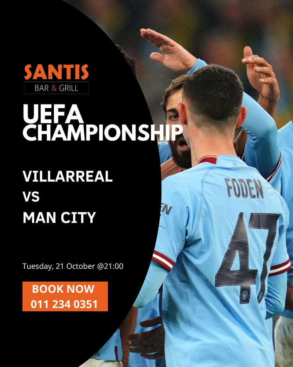SantisBarGrill's tweet image. ⚽💥 Villarreal vs Man City 💥⚽
Tuesday 21 Oct @ 21:00 — Villarreal 🟡 host Man City 🔵 in a high-energy Champions League showdown! Watch live at Santis📺🔥 with friends, great food🍕🍟 and icy beers 🍺!
📍Bookings essential – call📞011 234 0351
#SantisBarAndGrill #webchanges