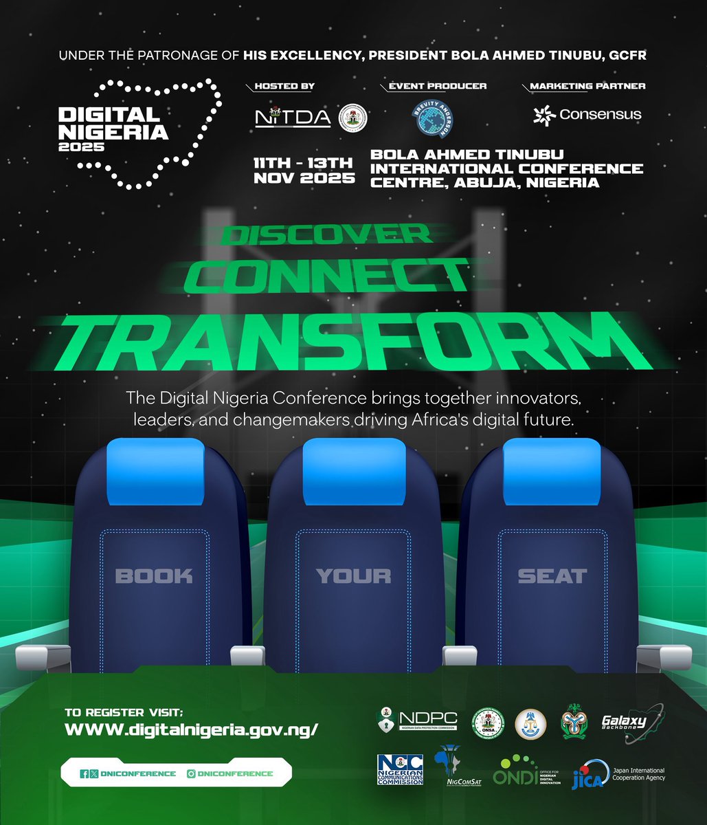 SamboMaiHula's tweet image. Innovate. Network. Impact. 🌍✨
Connect with Africa's digital pioneers at #DigitalNigeria2025.

🗓️ Nov 11–13 | 📍 Abuja
🎟️ Secure your spot: digitalnigeria.gov.ng

#DigitalNigeria #TechInAfrica #FutureOfInnovation