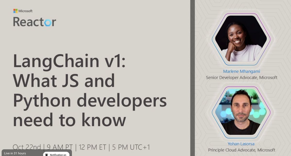 python_spaces's tweet image. 🚀 Exciting news for AI developers!

@LangChainAI, the go-to Python AI Agent framework, is dropping v1 soon! 🎉

Join the Microsoft team(@marlene_zw and @sinedied) for an exclusive session to explore the latest features for Python and JS devs.

Find the session link 🧵👇