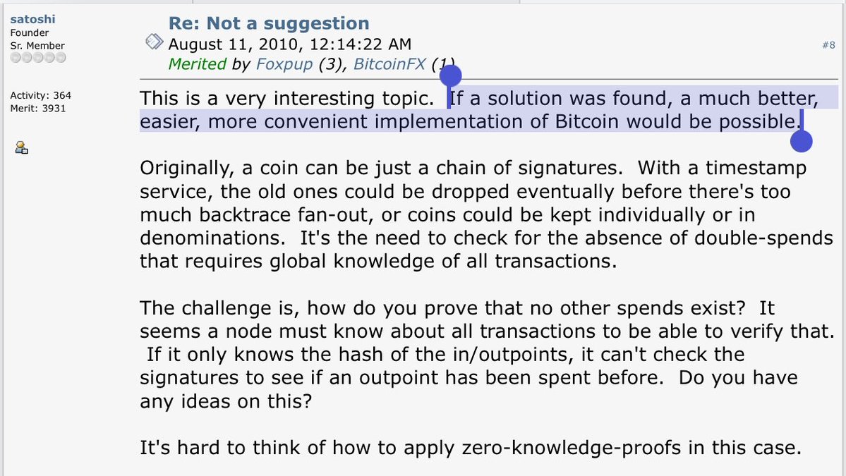 ビットコインのためのゼロ知識証明について議論する2010年のサトシ・ナカモトのフォーラム投稿