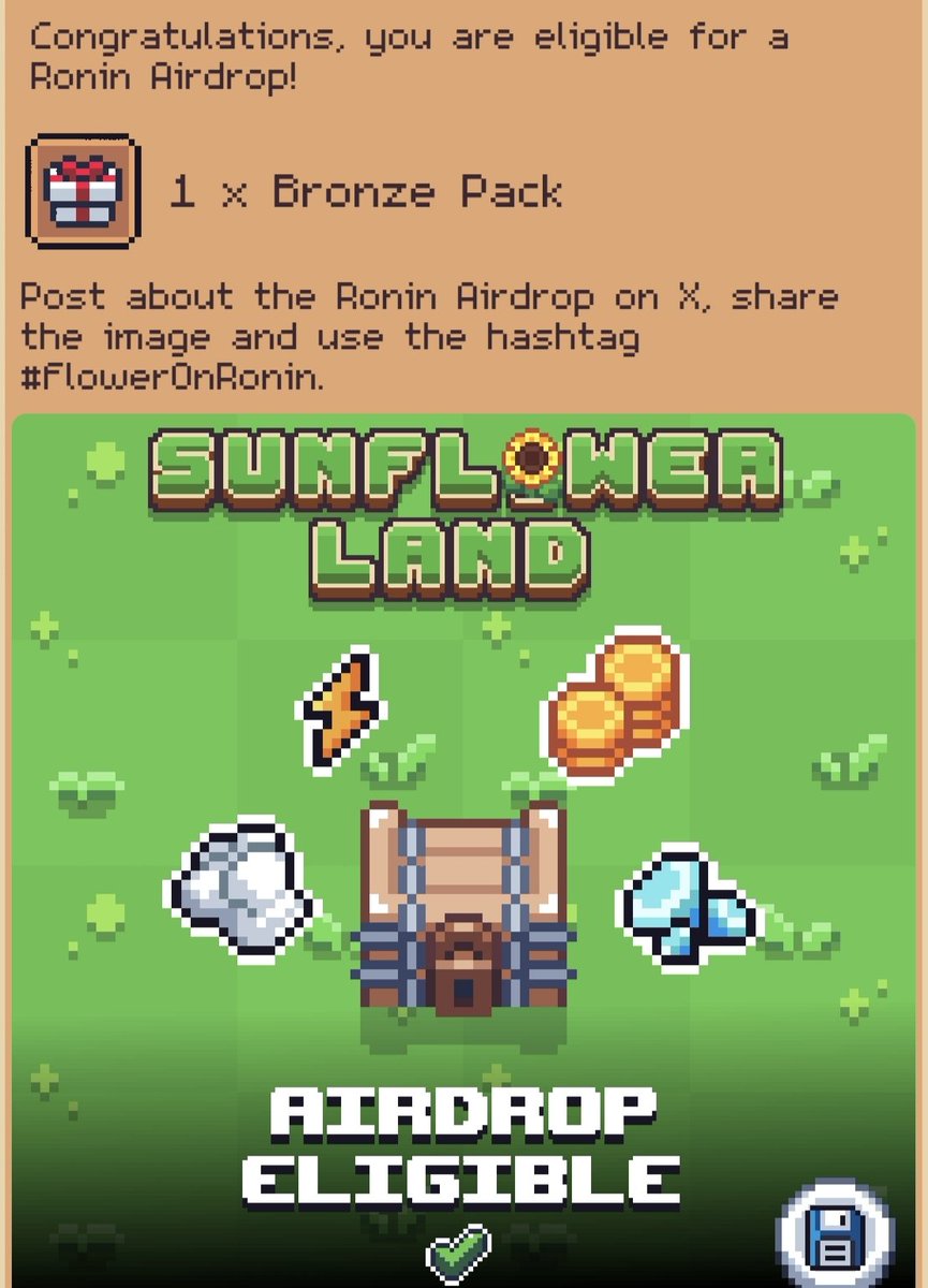 Thank you <a href="/0xSunflowerLand/">Sunflower Land</a> and <a href="/Ronin_Network/">Ronin</a> for this airdrop. 😎

#FlowerOnRonin