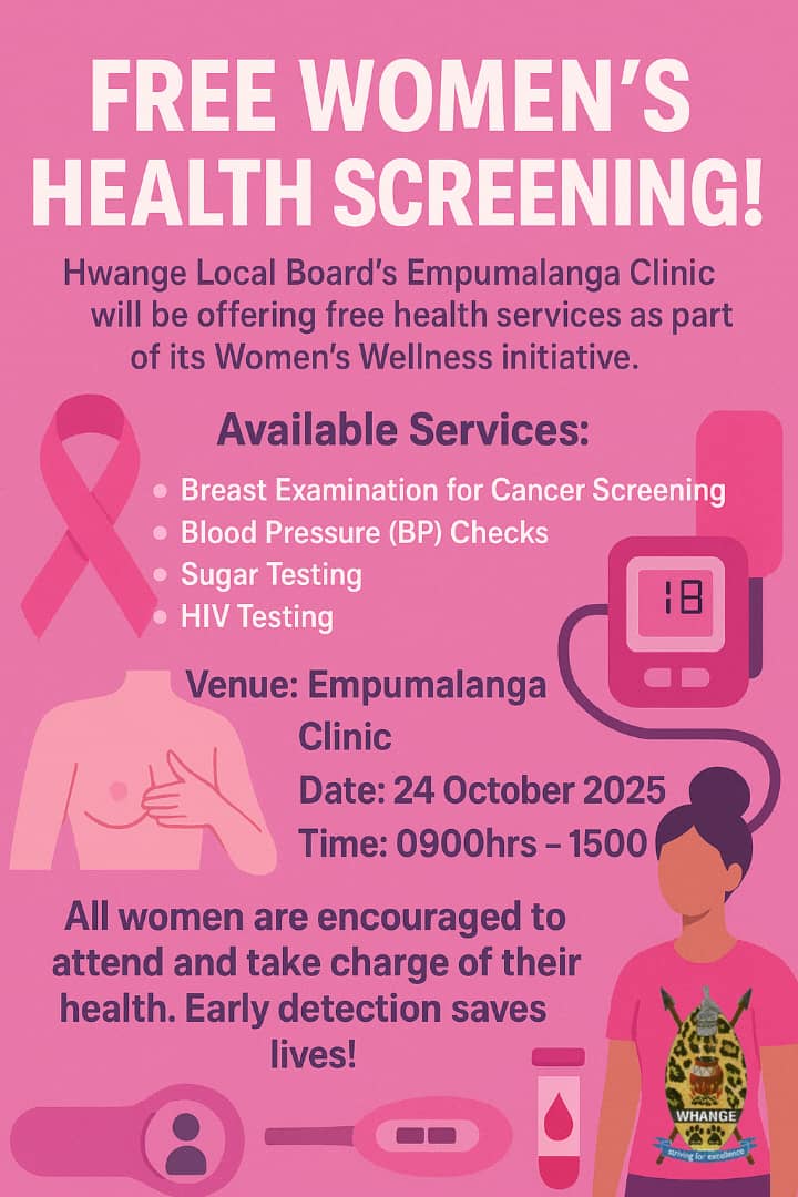 hwangetown's tweet image. Hwange Local Board’s Empumalanga Clinic is offering free health services for women, including breast cancer screening, BP checks, sugar testing, and HIV testing #WomensHealth #Hwange #BreastCancerAwareness @WCOZIMBABWE @GenderLinks @HwangeResidents @MoHCCZim @real_Godfatha