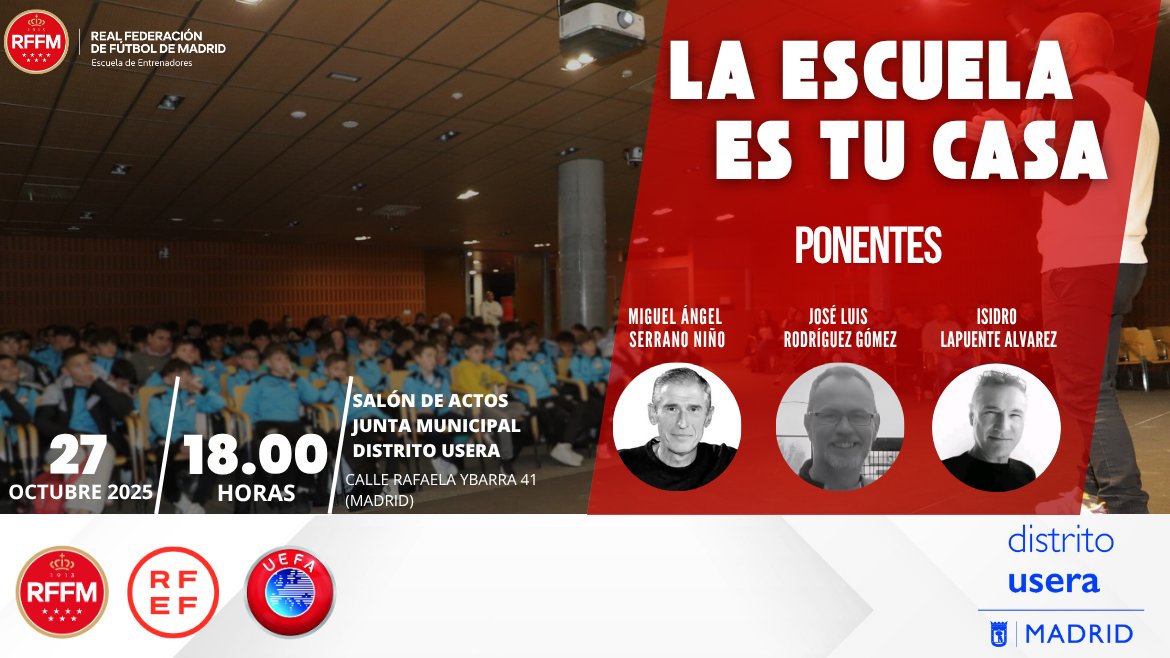 🔜 ¡VUELVE LA ESCUELA ES TU CASA! 🏫🏡

📆 Lunes 2⃣7⃣ de octubre a las 18:00h en el Salón de Actos de la <a href="/jmd_usera/">Distrito Usera</a>.

📢 Formación y valores <a href="/UEFA/">UEFA</a> en el fútbol base con tres ponencias a cargo de <a href="/serranonino/">miguel angel serrano</a>, <a href="/pumapar66/">José Luis Rodríguez</a> e Isidro Lapuente.

🫂 Con la colaboración de <a href="/adcsanfermin/">ADC San Fermín</a>.