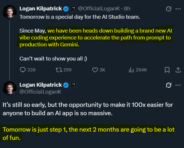 slow_developer's tweet image. Google is releasing a new "Vibe Coding" experience for AI Studio today
it's not Gemini 3, but Google may shift from traditional coding assistants
instead of users writing or interacting directly with code, it offers a smoother, visual UX
they may also integrate Vertex and…