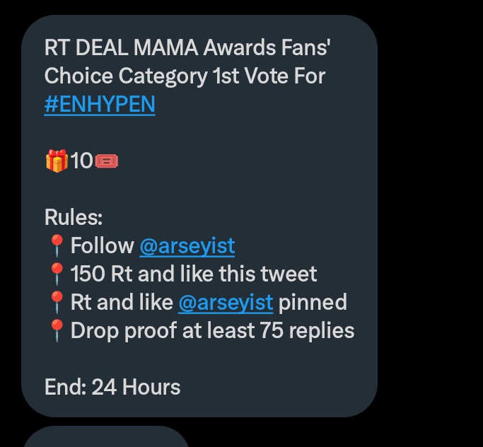 RT DEAL MAMA Awards Fans' Choice Category 1st Vote For #ENHYPEN

🎁10🎟️

Rules: 
📍Follow <a href="/arseyist/">Arsey °•‡•° || JUAL VOTE BOYS 2 PLANET</a> 
📍150 Rt and like this tweet 
📍Rt and like <a href="/arseyist/">Arsey °•‡•° || JUAL VOTE BOYS 2 PLANET</a> pinned
📍Drop proof at least 75 replies

End: 24 Hours