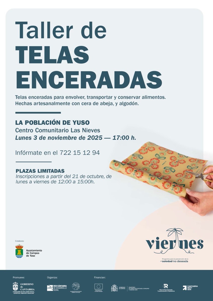 ProgramaViernes's tweet image. Abrimos inscripciones para el taller de telas enceradas en #LaPoblación de #CampooDeYuso. El próximo 3 de noviembre a las 17 horas os esperamos en el Centro Comunitario Las Nieves. Más información en el 722 151 294. #ProgramaViernes #CampooLosValles programaviernes.com