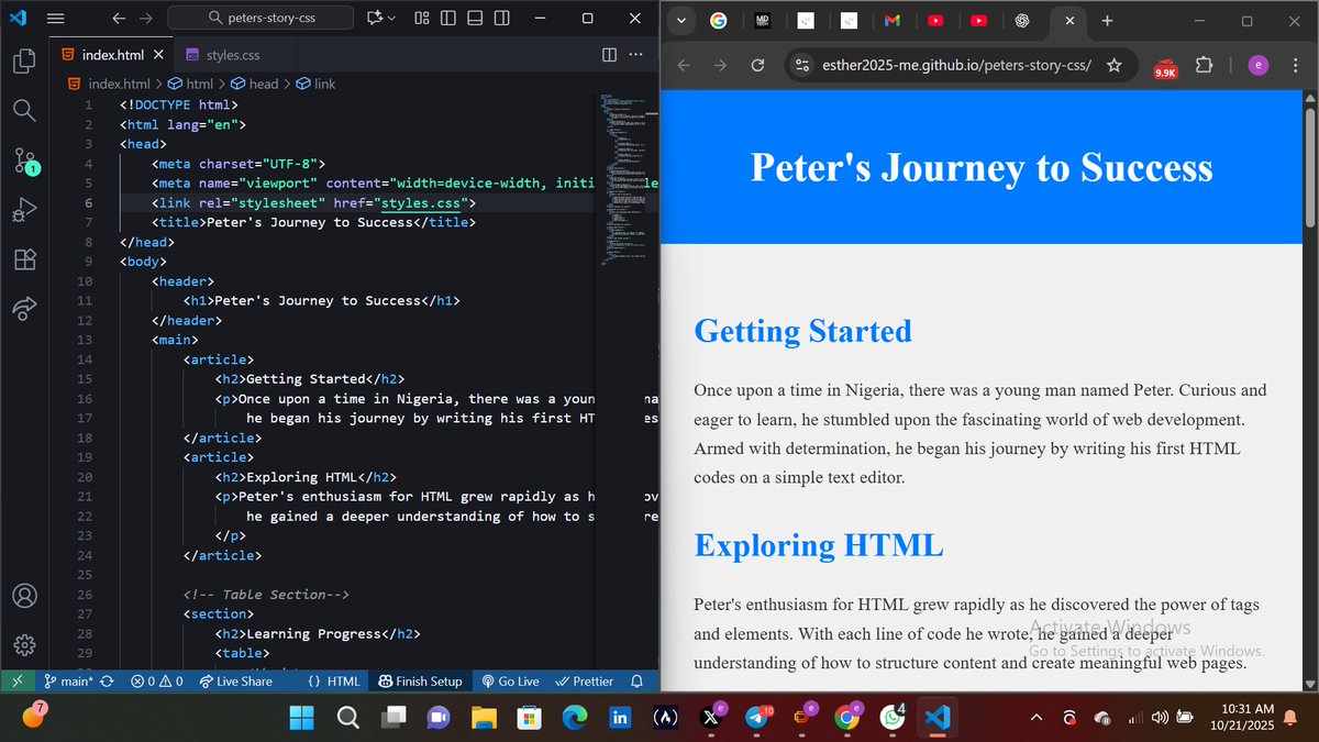 elueche17775's tweet image. HTML learning progress
HTML done ✅
CSS loading 🔄
JavaScript scared me at first but now… I’m facing it 😂
One day at a time, one concept at a time.
#CodingJourney #100DaysOfCode #DotCampusAfrica
esther2025-me.github.io/peters-story-c…
