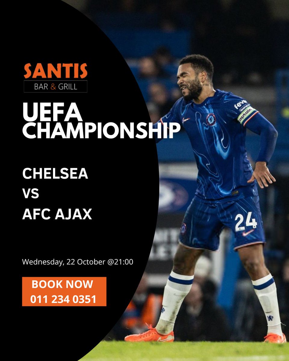 SantisBarGrill's tweet image. ⚽💙 Chelsea vs AFC Ajax 💙⚽
Wednesday 22 Oct @ 21:00 — It’s Blues vs Dutch dynamite! 💥 Watch Chelsea 💙 take on Ajax🔴⚪ live at Santis📺, with tasty bites🍔🍗and chilled drinks🍺!
📍Bookings essential – call 📞 011 234 0351
#SantisBarAndGrill #santiswebchanges #webchanges
