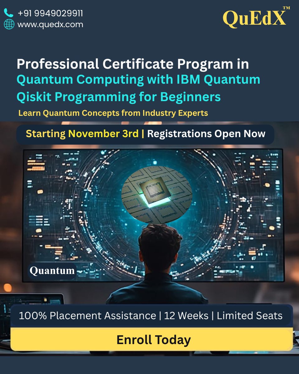 QuEdXPvtLtd's tweet image. 𝐀𝐫𝐞 𝐲𝐨𝐮 𝐫𝐞𝐚𝐝𝐲 𝐭𝐨 𝐞𝐱𝐩𝐥𝐨𝐫𝐞 𝐭𝐡𝐞 𝐰𝐨𝐫𝐥𝐝 𝐨𝐟 𝐐𝐮𝐚𝐧𝐭𝐮𝐦 𝐂𝐨𝐦𝐩𝐮𝐭𝐢𝐧𝐠?
Enroll now: quedx.com
#QuEdX #QuantumComputing #Qiskit #FutureSkills #TechEducation #STEM #OnlineLearning #Innovation #QuantumProgramming #CareerGrowth #JNTU