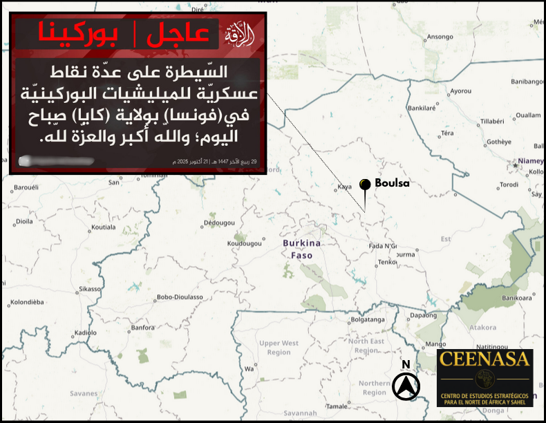 CEENASA396971's tweet photo. #BURKINAFASO 🇧🇫
On Oct 21, the #JNIM claimed to have taken control of several #VDP military points in #Boulsa, in #Kaya province, in the morning https://t.co/0RGzLhQoll