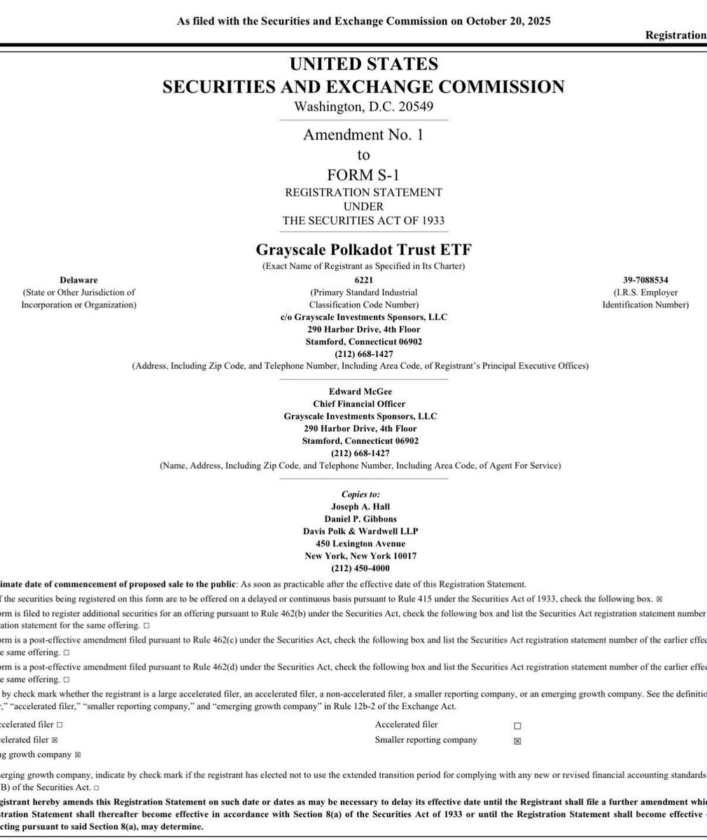 Grayscale just dropped Amendment No. 1 for its Polkadot Trust ETF.

Yeah, $DOT might be next in line for an ETF>

Here’s what that actually means and why it’s big:
