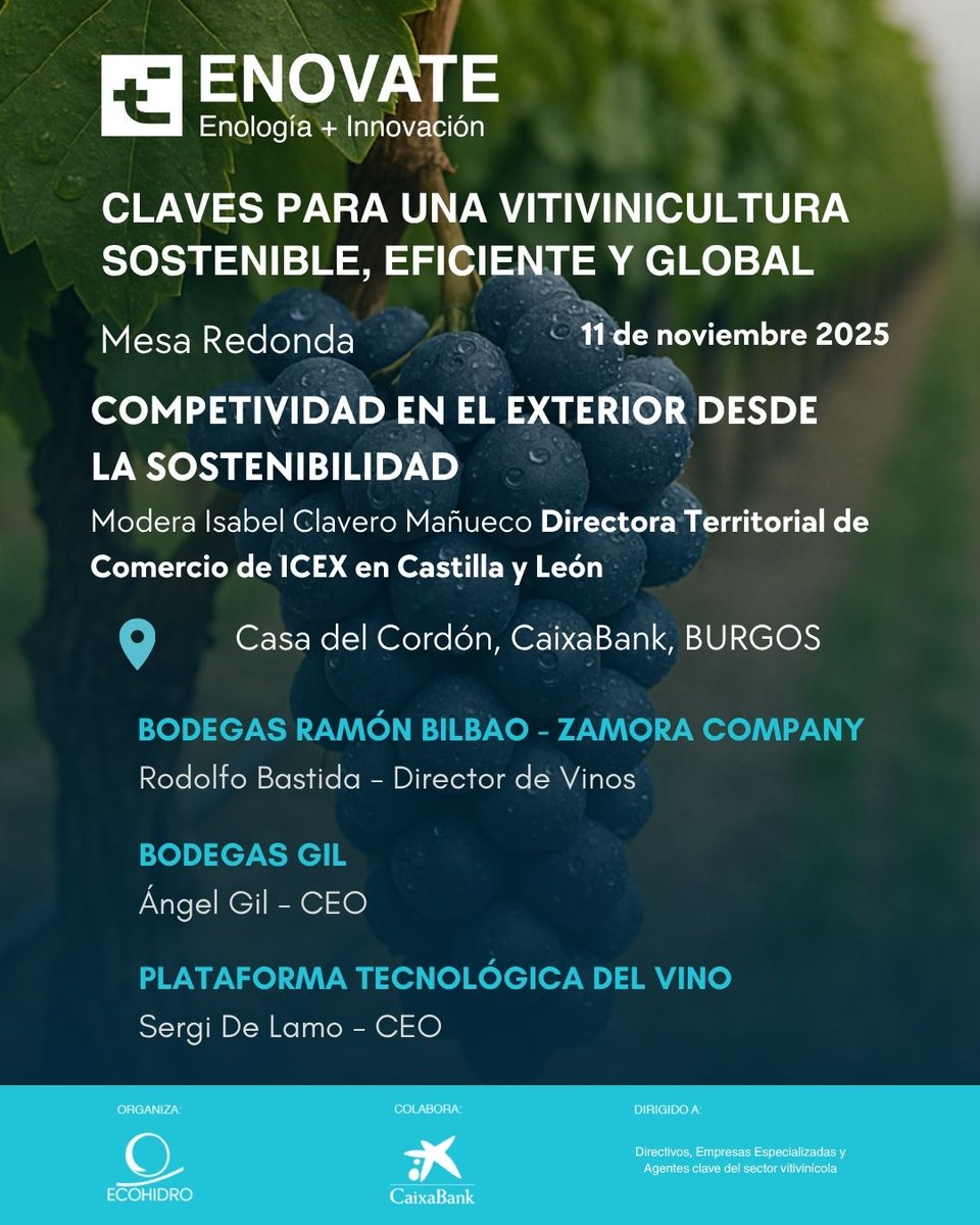 #Enovate🍷💧

#Enovate2025 #Ecohidro #CaixaBank #AguaYSostenibilidad #InnovaciónHídrica #EficienciaEnergética #GestiónDelAgua #BodegasSostenibles #VinoSostenible #Competitividad #Sostenibilidad #MedioAmbiente #TransiciónVerde #CastillaYLeón #Burgos