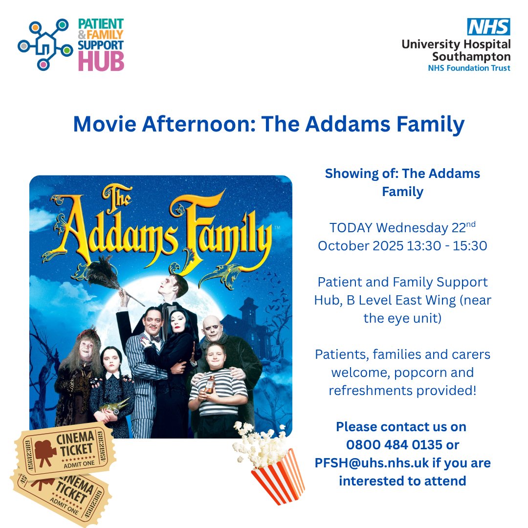 This week we are continuing spooky season in the Patient and Family Support Hub with a showing of the classic movie 'The Addams Family'! Please see the graphic for details 🎃❤