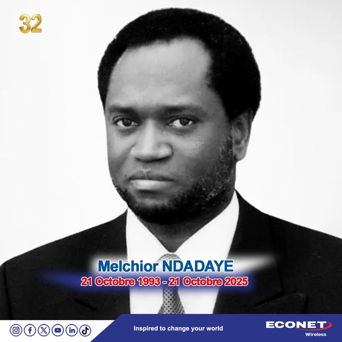 Aujourd’hui, nous nous joignons à tous les Burundais pour honorer la mémoire du Président Melchior Ndadaye.

Un visionnaire dont le courage, l’intégrité et le dévouement à l’unité continuent d’inspirer la marche de notre nation vers la paix et le progrès. 🕊️🇧🇮

#EconetWireless