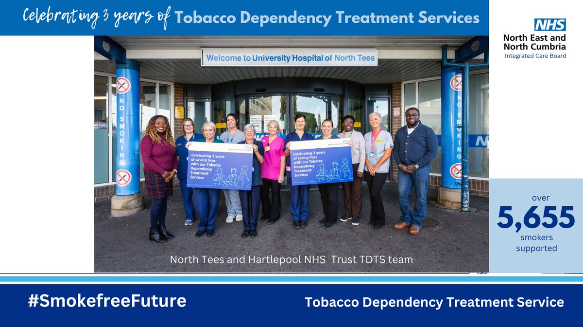 SmokefreeNHS_NE's tweet image. Celebrating 3 years of Tobacco Dependency Treatment Services at @NTeesHpoolNHSFT!
Over 5,655 smokers supported—a huge step toward a #SmokefreeFuture.
Thank you to our incredible TDTS team for your dedication and impact!
#SmokefreeNHS #TDTS @NENC_NHS