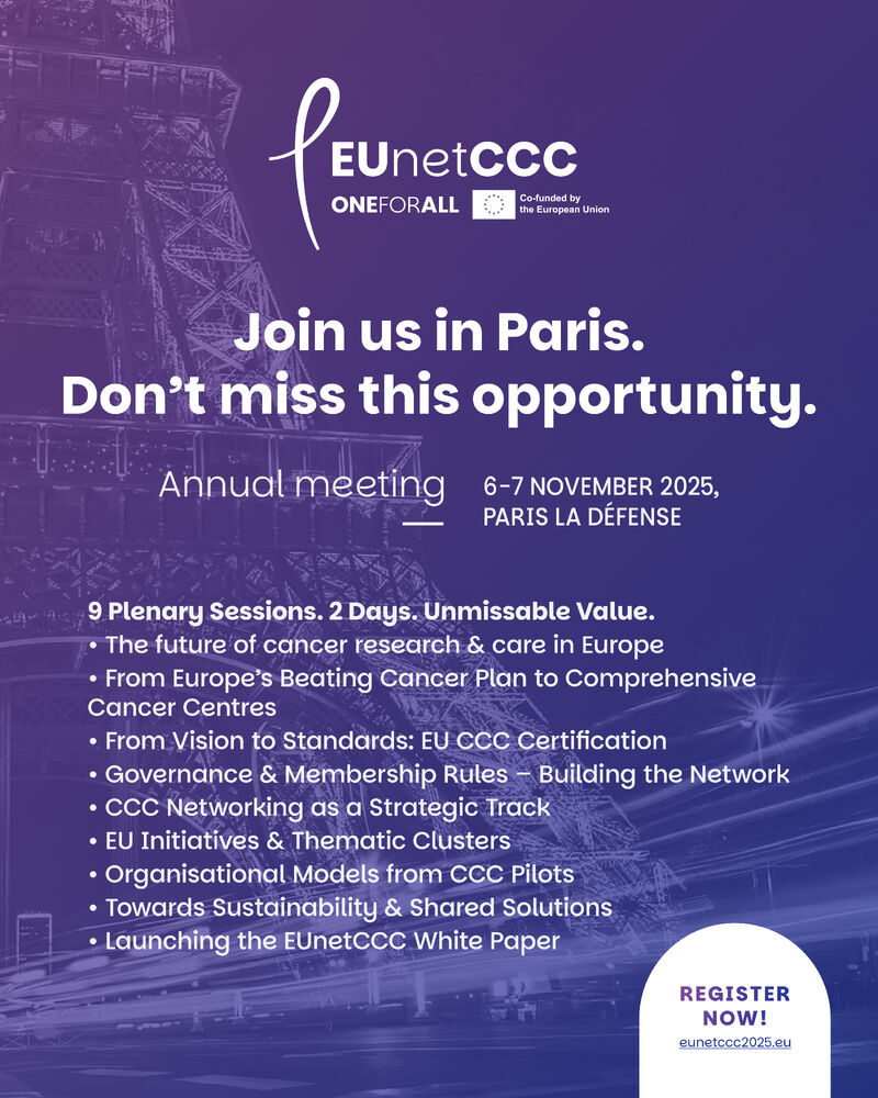 Join Annual Meeting in Paris 🇫🇷 on 6–7 Nov 2025 for the EUnetCCC Annual Meeting — shaping the future of cancer care, research &amp; education in Europe. Official launch of the EU CCC Network 
#CancerCare #EUHealth #CancerResearch #EUCanScreen