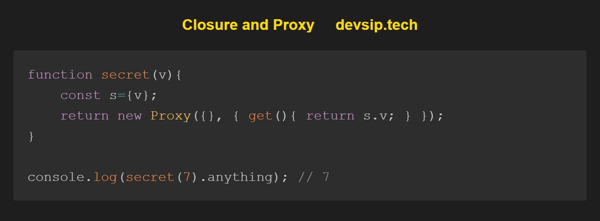 koomekelvink's tweet image. Proxy trap function closes over `s`, allowing controlled access to hidden data regardless of accessed property name. 🔽
Javascript book ->
leanpub.com/javascriptstar…
#javascriptlearning #javascripttips #SoftwareDevelopment #SoftwareEngineering #buildinpublic #letsconnect