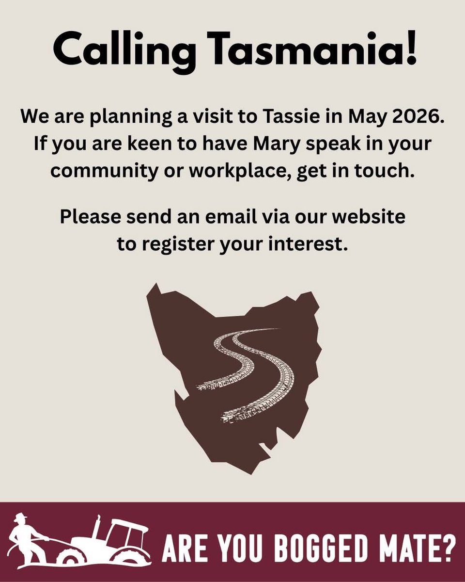 RUboggedmate's tweet image. Hey Tassie! 📣
Let us know if you are keen for Mary to do events in May 2026. Send an email via the website to get on the list.
#areyouboggedmate