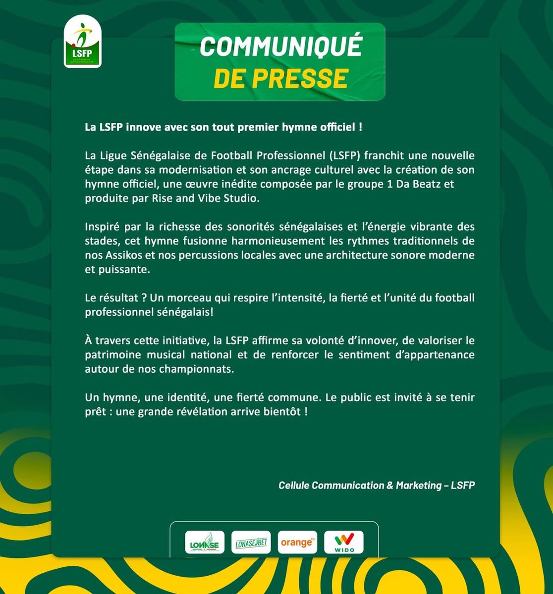 1Dabeatz's tweet image. J’ai eu l’honneur de composer l’hymne de la Ligue Sénégalaise de Football Professionnel. Unis pour faire rayonner notre football local. @LSFP_sn 
Together we rise together we vibe @riseandvibestudio
 
S/o @billmahmuud s/o @Sir_Fall 
#music #football #culture