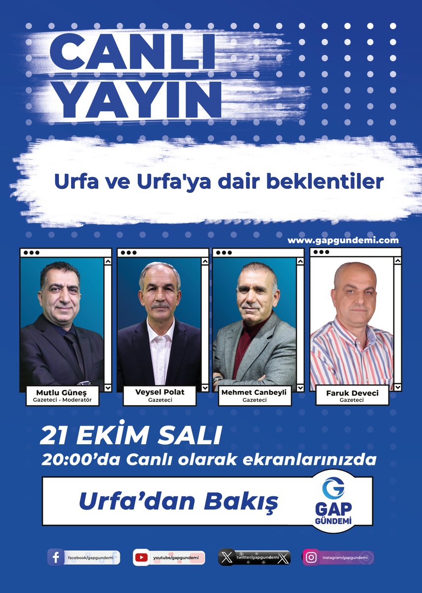 📢 Urfa'dan Bakış
🗓️21 Ekim Salı
🕗 20:00'da canlı yayında!
📝Gazeteciler Şanlıurfa'nın gündemini masaya yatırıyor!

#AhmetMinguzziEmsalOlsun #EGMPromosyondaRekor #SokaktaKatilİstemiyoruz #salı Kıbrıs Türk'tür #KademeBizimHakkımız #Şanlıurfa #Urfa