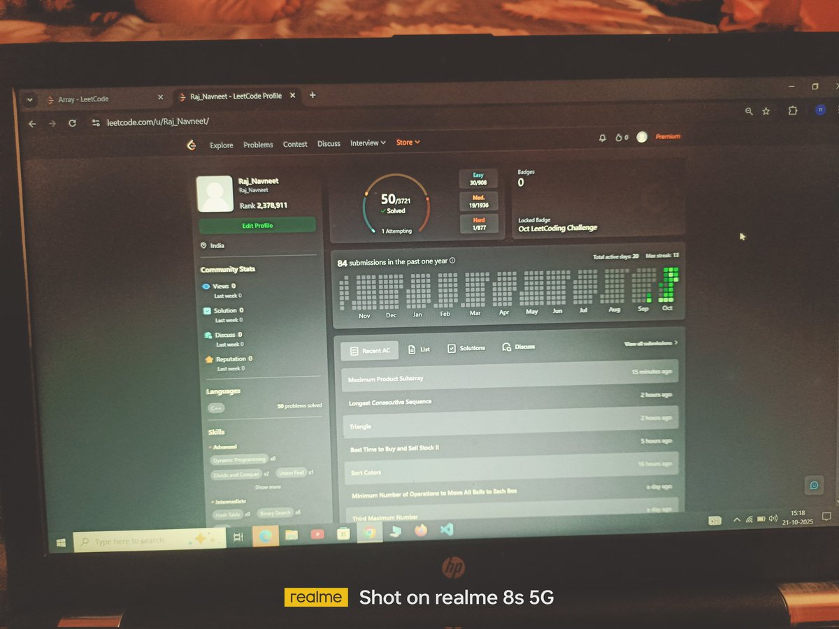 Navneetrajgupta's tweet image. Awesome feeling! Just crossed 50 problems on LeetCode. ✅
I'm learning so much more just by solving, and I can feel my thinking and problem-solving approach improving.
Excited to keep this grind going and take it to the next level! 🔥
#LeetCode #DSA #CPP #ProblemSolving