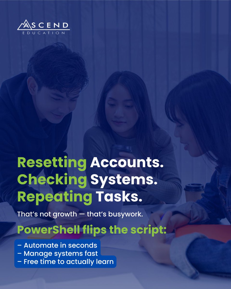 Ascend_EDU's tweet image. Click less. Automate more. ⚡
PowerShell turns 100 IT clicks into 1 script.
Learn to automate, manage, and troubleshoot like a pro.
👉 ascendeducation.com/it-professiona…
#PowerShell #ITSkills #Automation #AscendEducation #FutureReady