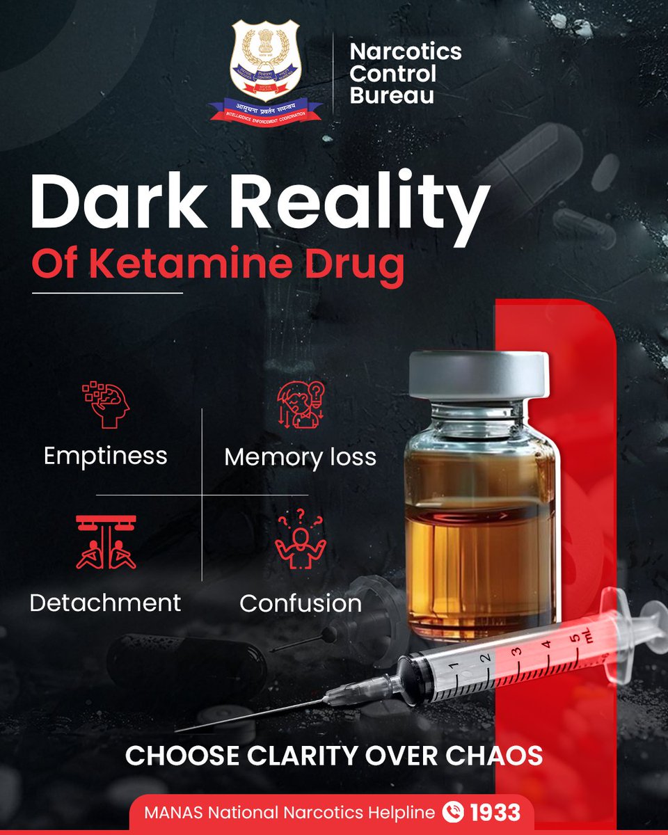 ncbmanas's tweet image. Ketamine use may begin as a way to escape, but can result in memory gaps, disorientation, detachment from reality &amp;amp; blackouts. 

Continued use affects the mind, causing numbness, temporary paralysis, and altered senses. 

#NCB #NarcoticsControlBureau #KetamineAwareness #DrugAbuse…