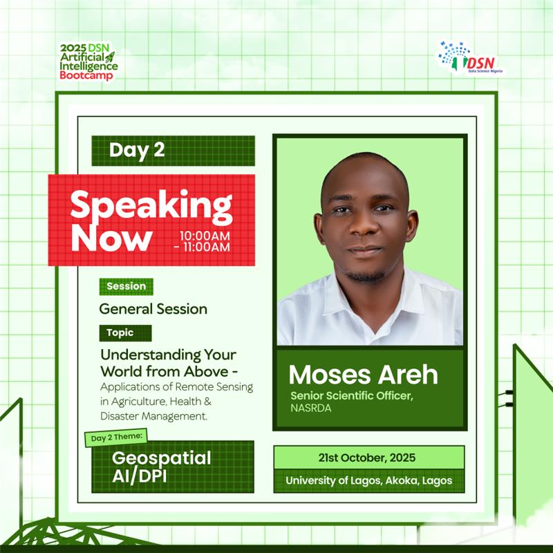 dsn_ai_network's tweet image. #HappeningNow

Another heavyweight in geospatial space is on stage — Moses Areh, Scientific Officer at the National Space Research and Development Agency (@NASRDA_Official).

He’s diving into “Understanding Your World from Above: Applications of Remote Sensing in Agriculture,…