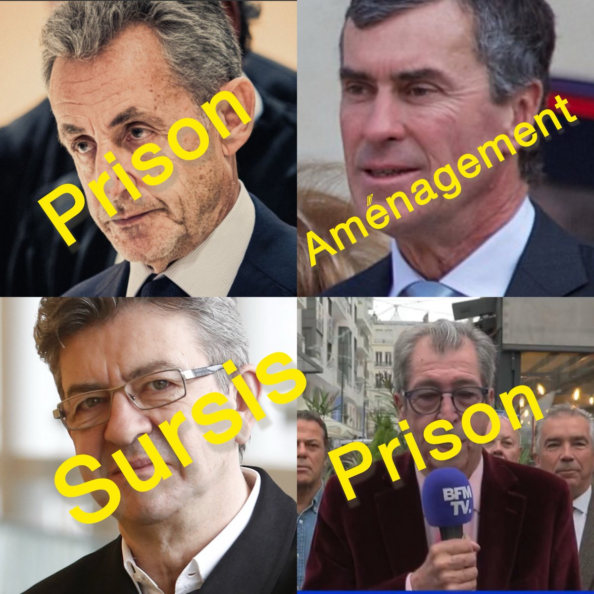 Nicolas Sarkozy : Prison pour association de malfaiteurs supputé, présumé innocent.
Balkany : Prison pour fraude fiscale.
Jean-Luc Melenchon, provocation et rébellion : Sursis
Cahuzac : Fraude fiscale, pas de prison.
Policiers emprisonnés, Marine Le Pen privée d’élection…
Les